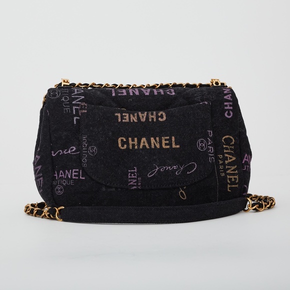 CHANEL PRINTED LOGO BLACK DENIM SMALL GRAFFITI FLAP BAG (2021) - Picture 2 of 8